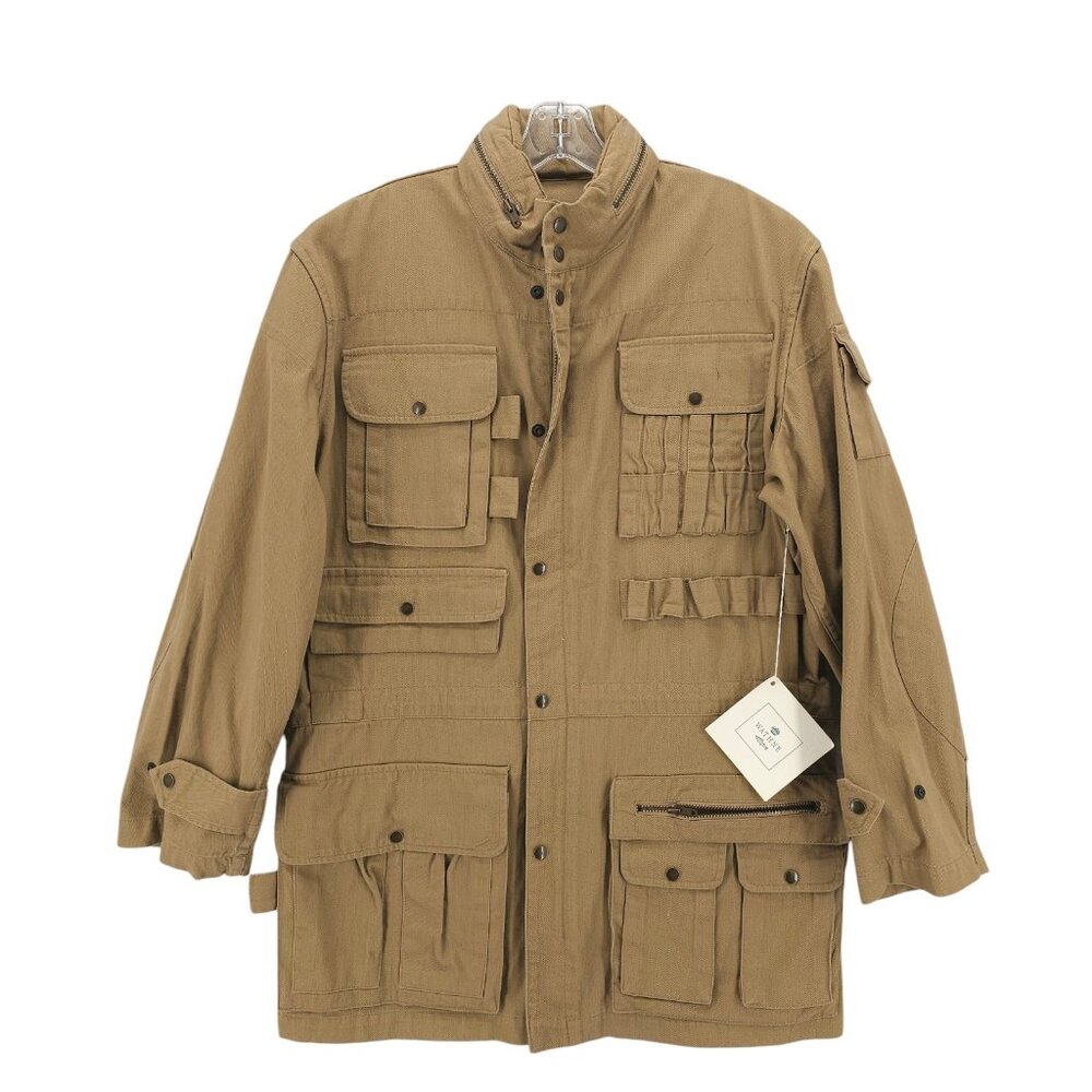 WATHNE Men's Field Utility Jacket Tan Khaki Twill Pockets Hood Vintage SMALL